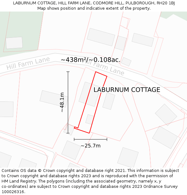 LABURNUM COTTAGE, HILL FARM LANE, CODMORE HILL, PULBOROUGH, RH20 1BJ: Plot and title map