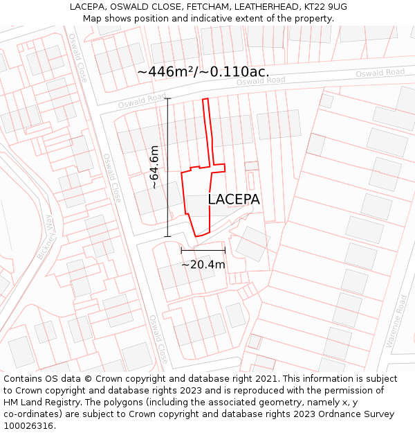 LACEPA, OSWALD CLOSE, FETCHAM, LEATHERHEAD, KT22 9UG: Plot and title map