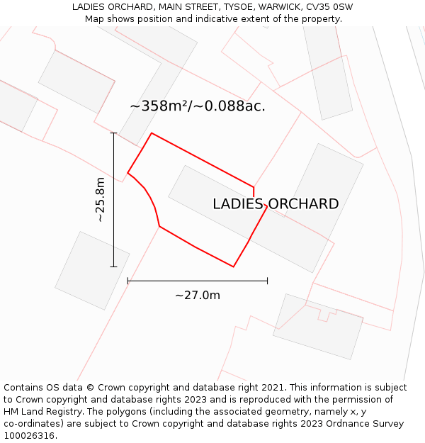 LADIES ORCHARD, MAIN STREET, TYSOE, WARWICK, CV35 0SW: Plot and title map