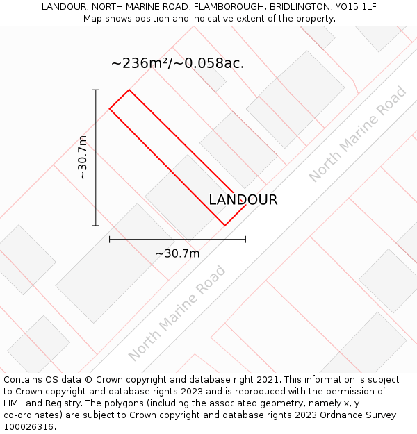 LANDOUR, NORTH MARINE ROAD, FLAMBOROUGH, BRIDLINGTON, YO15 1LF: Plot and title map