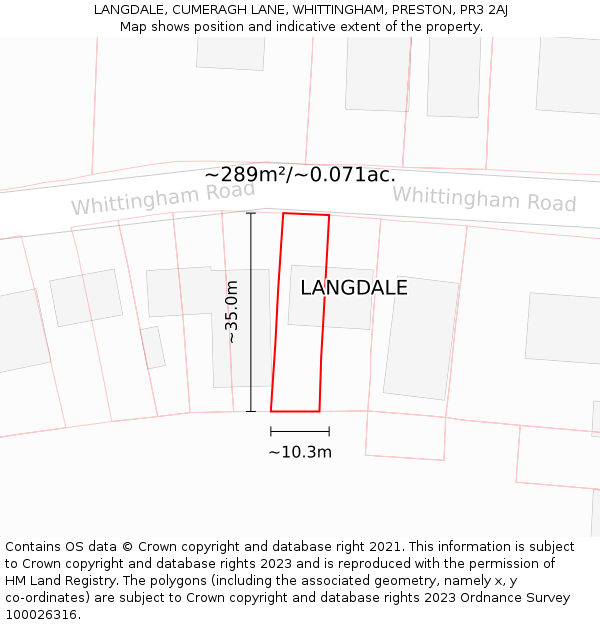 LANGDALE, CUMERAGH LANE, WHITTINGHAM, PRESTON, PR3 2AJ: Plot and title map
