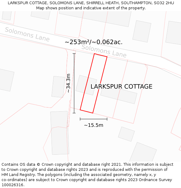 LARKSPUR COTTAGE, SOLOMONS LANE, SHIRRELL HEATH, SOUTHAMPTON, SO32 2HU: Plot and title map