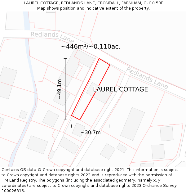 LAUREL COTTAGE, REDLANDS LANE, CRONDALL, FARNHAM, GU10 5RF: Plot and title map