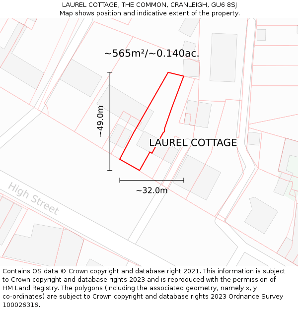 LAUREL COTTAGE, THE COMMON, CRANLEIGH, GU6 8SJ: Plot and title map