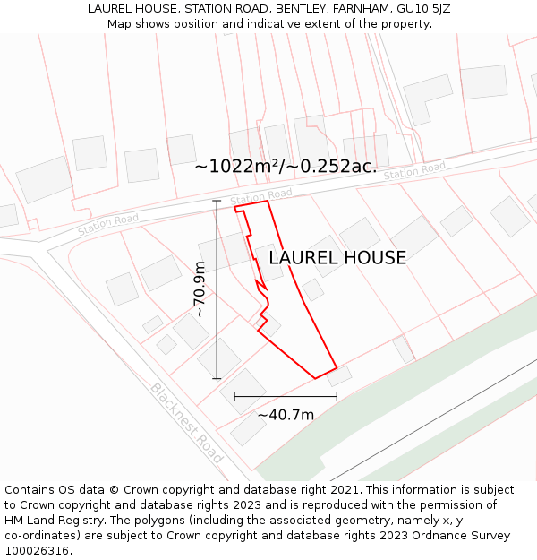 LAUREL HOUSE, STATION ROAD, BENTLEY, FARNHAM, GU10 5JZ: Plot and title map