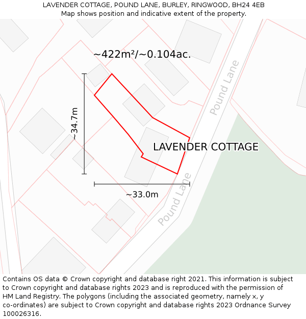 LAVENDER COTTAGE, POUND LANE, BURLEY, RINGWOOD, BH24 4EB: Plot and title map