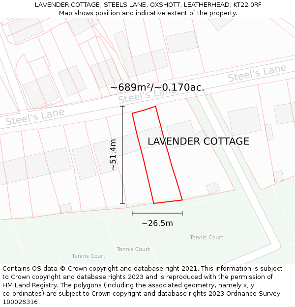 LAVENDER COTTAGE, STEELS LANE, OXSHOTT, LEATHERHEAD, KT22 0RF: Plot and title map