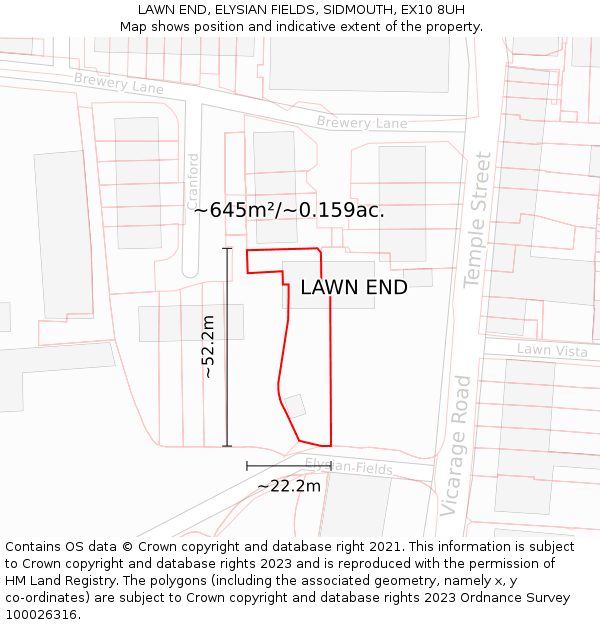 LAWN END, ELYSIAN FIELDS, SIDMOUTH, EX10 8UH: Plot and title map