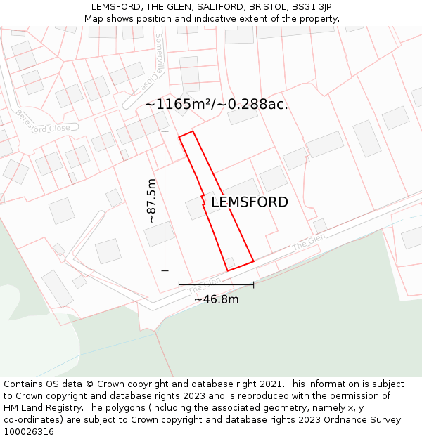 LEMSFORD, THE GLEN, SALTFORD, BRISTOL, BS31 3JP: Plot and title map