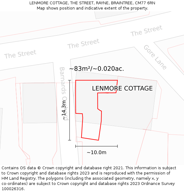 LENMORE COTTAGE, THE STREET, RAYNE, BRAINTREE, CM77 6RN: Plot and title map