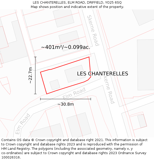 LES CHANTERELLES, ELM ROAD, DRIFFIELD, YO25 6SQ: Plot and title map