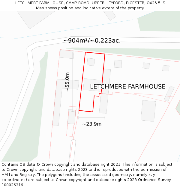 LETCHMERE FARMHOUSE, CAMP ROAD, UPPER HEYFORD, BICESTER, OX25 5LS: Plot and title map