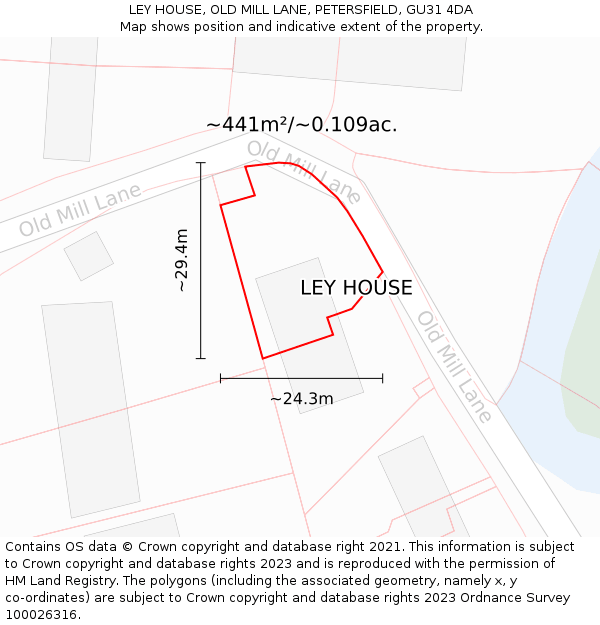 LEY HOUSE, OLD MILL LANE, PETERSFIELD, GU31 4DA: Plot and title map