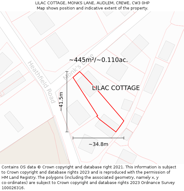 LILAC COTTAGE, MONKS LANE, AUDLEM, CREWE, CW3 0HP: Plot and title map