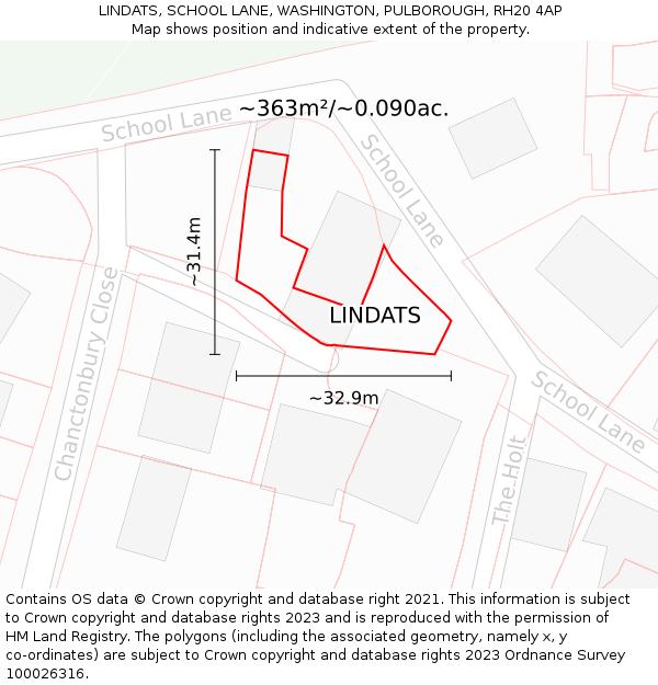 LINDATS, SCHOOL LANE, WASHINGTON, PULBOROUGH, RH20 4AP: Plot and title map