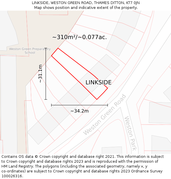 LINKSIDE, WESTON GREEN ROAD, THAMES DITTON, KT7 0JN: Plot and title map