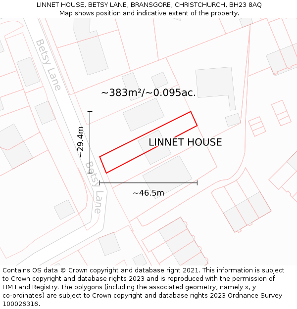 LINNET HOUSE, BETSY LANE, BRANSGORE, CHRISTCHURCH, BH23 8AQ: Plot and title map