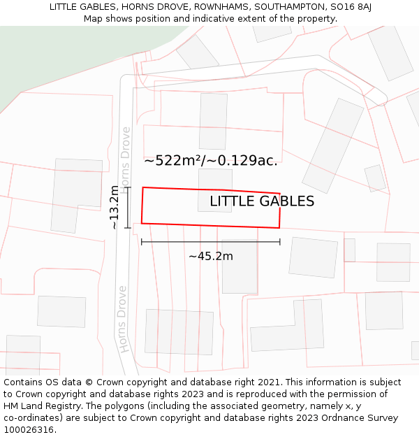 LITTLE GABLES, HORNS DROVE, ROWNHAMS, SOUTHAMPTON, SO16 8AJ: Plot and title map