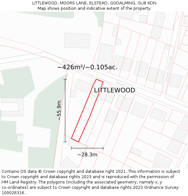 LITTLEWOOD, MOORS LANE, ELSTEAD, GODALMING, GU8 6DN: Plot and title map