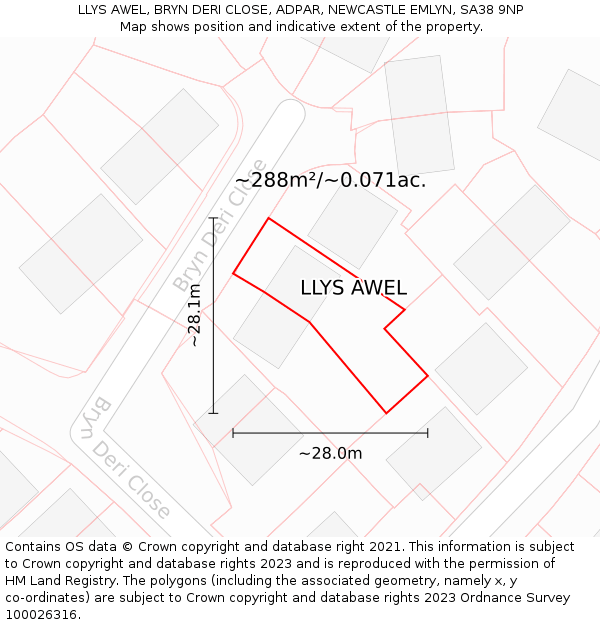 LLYS AWEL, BRYN DERI CLOSE, ADPAR, NEWCASTLE EMLYN, SA38 9NP: Plot and title map