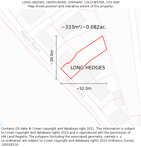 LONG HEDGES, HEATH ROAD, STANWAY, COLCHESTER, CO3 0QR: Plot and title map