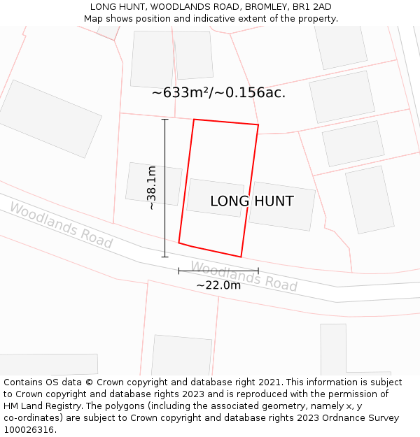 LONG HUNT, WOODLANDS ROAD, BROMLEY, BR1 2AD: Plot and title map