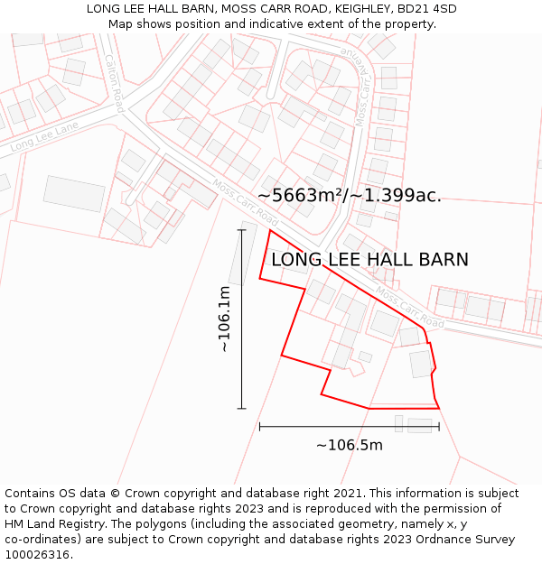 LONG LEE HALL BARN, MOSS CARR ROAD, KEIGHLEY, BD21 4SD: Plot and title map