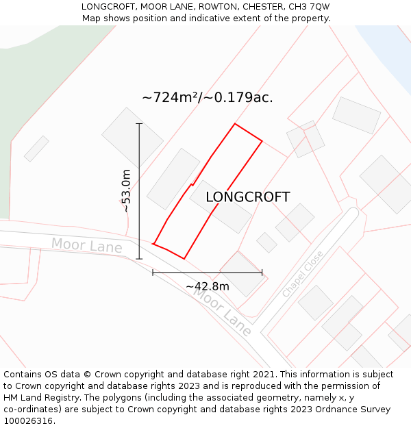 LONGCROFT, MOOR LANE, ROWTON, CHESTER, CH3 7QW: Plot and title map