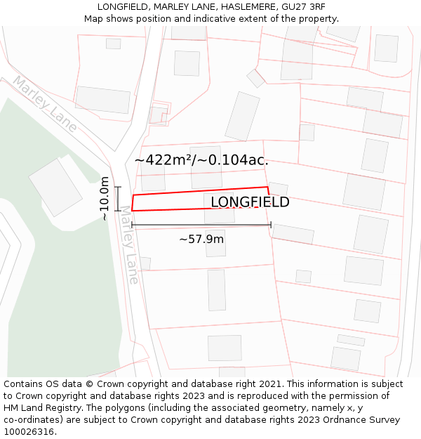 LONGFIELD, MARLEY LANE, HASLEMERE, GU27 3RF: Plot and title map