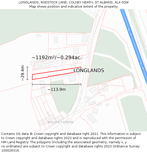 LONGLANDS, ROESTOCK LANE, COLNEY HEATH, ST ALBANS, AL4 0QW: Plot and title map