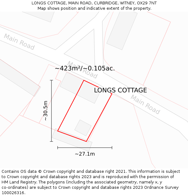 LONGS COTTAGE, MAIN ROAD, CURBRIDGE, WITNEY, OX29 7NT: Plot and title map
