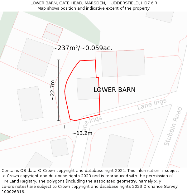 LOWER BARN, GATE HEAD, MARSDEN, HUDDERSFIELD, HD7 6JR: Plot and title map