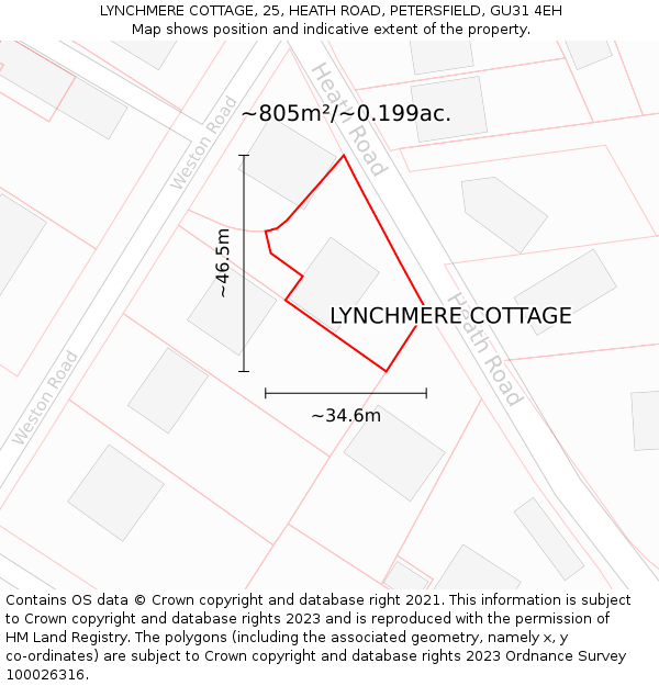 LYNCHMERE COTTAGE, 25, HEATH ROAD, PETERSFIELD, GU31 4EH: Plot and title map