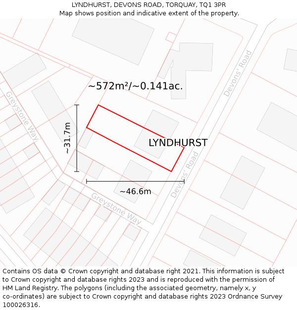 LYNDHURST, DEVONS ROAD, TORQUAY, TQ1 3PR: Plot and title map