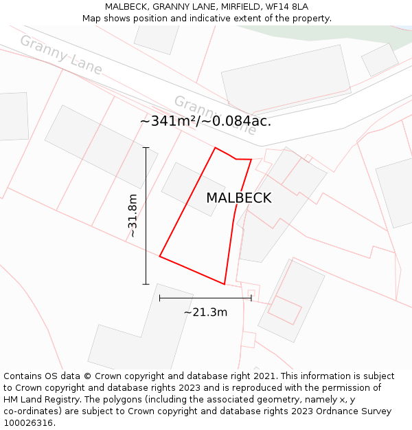 MALBECK, GRANNY LANE, MIRFIELD, WF14 8LA: Plot and title map