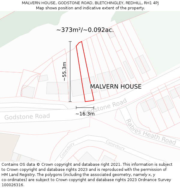 MALVERN HOUSE, GODSTONE ROAD, BLETCHINGLEY, REDHILL, RH1 4PJ: Plot and title map