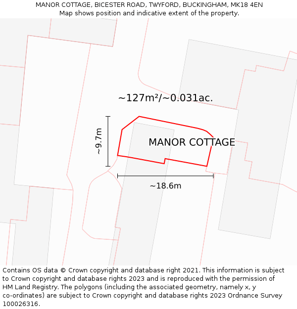 MANOR COTTAGE, BICESTER ROAD, TWYFORD, BUCKINGHAM, MK18 4EN: Plot and title map