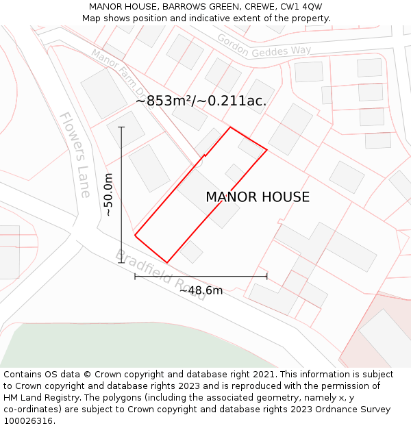MANOR HOUSE, BARROWS GREEN, CREWE, CW1 4QW: Plot and title map