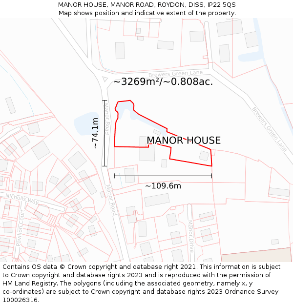 MANOR HOUSE, MANOR ROAD, ROYDON, DISS, IP22 5QS: Plot and title map