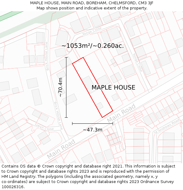 MAPLE HOUSE, MAIN ROAD, BOREHAM, CHELMSFORD, CM3 3JF: Plot and title map