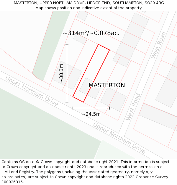 MASTERTON, UPPER NORTHAM DRIVE, HEDGE END, SOUTHAMPTON, SO30 4BG: Plot and title map