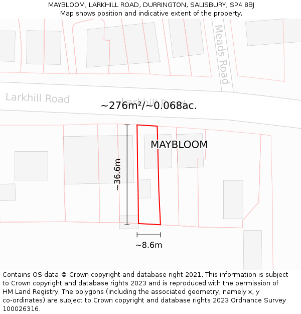 MAYBLOOM, LARKHILL ROAD, DURRINGTON, SALISBURY, SP4 8BJ: Plot and title map