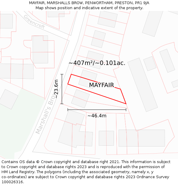 MAYFAIR, MARSHALLS BROW, PENWORTHAM, PRESTON, PR1 9JA: Plot and title map