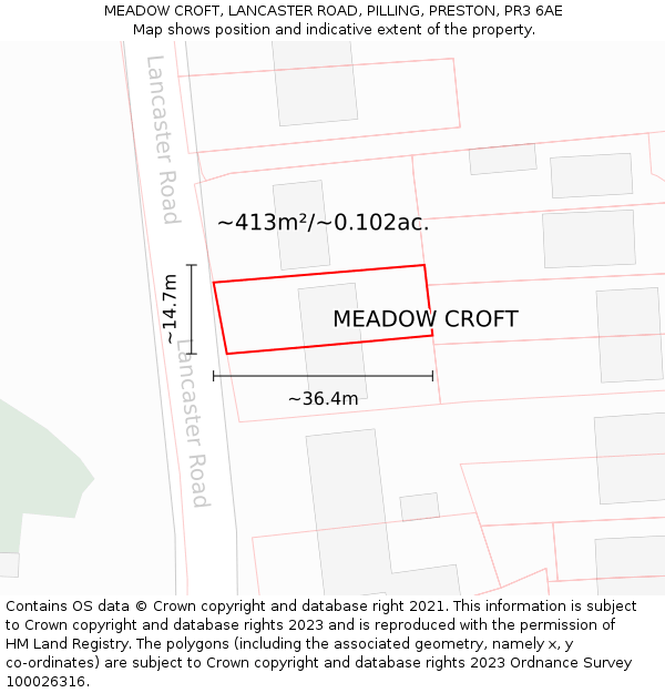 MEADOW CROFT, LANCASTER ROAD, PILLING, PRESTON, PR3 6AE: Plot and title map