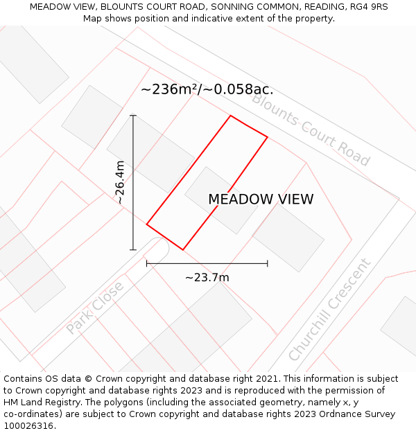 MEADOW VIEW, BLOUNTS COURT ROAD, SONNING COMMON, READING, RG4 9RS: Plot and title map