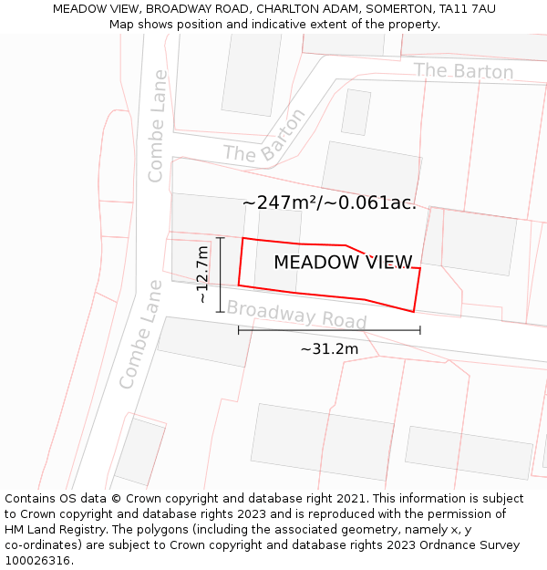 MEADOW VIEW, BROADWAY ROAD, CHARLTON ADAM, SOMERTON, TA11 7AU: Plot and title map