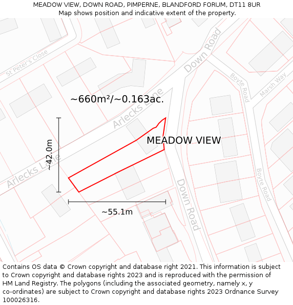 MEADOW VIEW, DOWN ROAD, PIMPERNE, BLANDFORD FORUM, DT11 8UR: Plot and title map