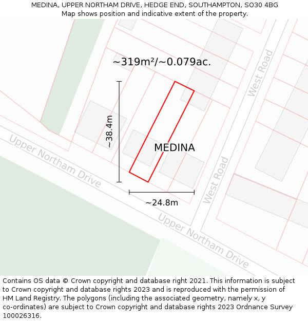MEDINA, UPPER NORTHAM DRIVE, HEDGE END, SOUTHAMPTON, SO30 4BG: Plot and title map