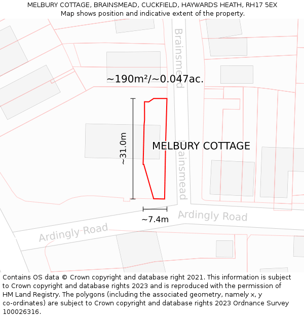 MELBURY COTTAGE, BRAINSMEAD, CUCKFIELD, HAYWARDS HEATH, RH17 5EX: Plot and title map