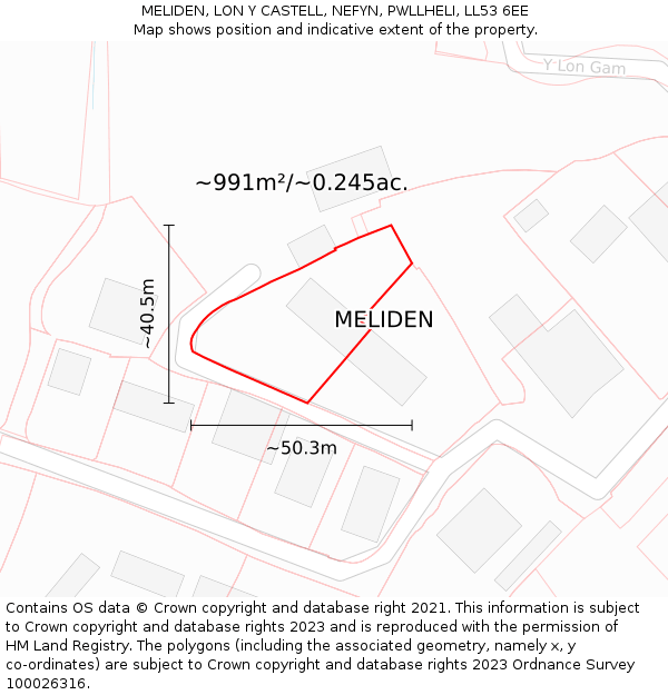 MELIDEN, LON Y CASTELL, NEFYN, PWLLHELI, LL53 6EE: Plot and title map